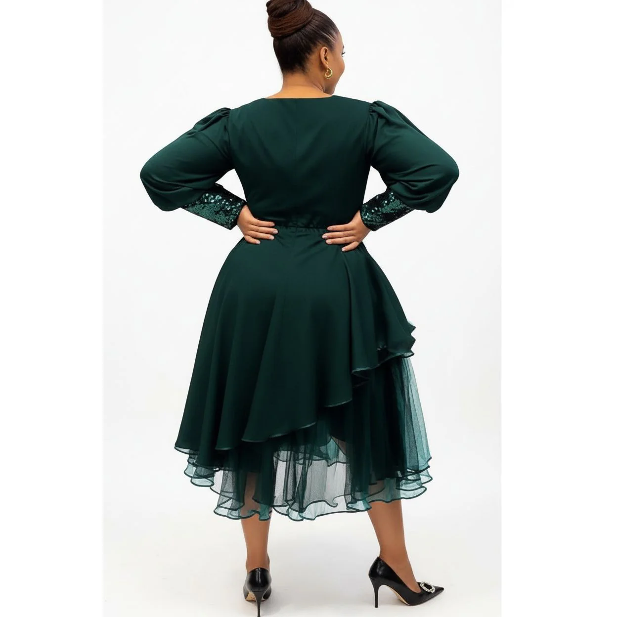 Plus Size Solid Ruffle Trim Split Hem V-Neck Dress - Image 3