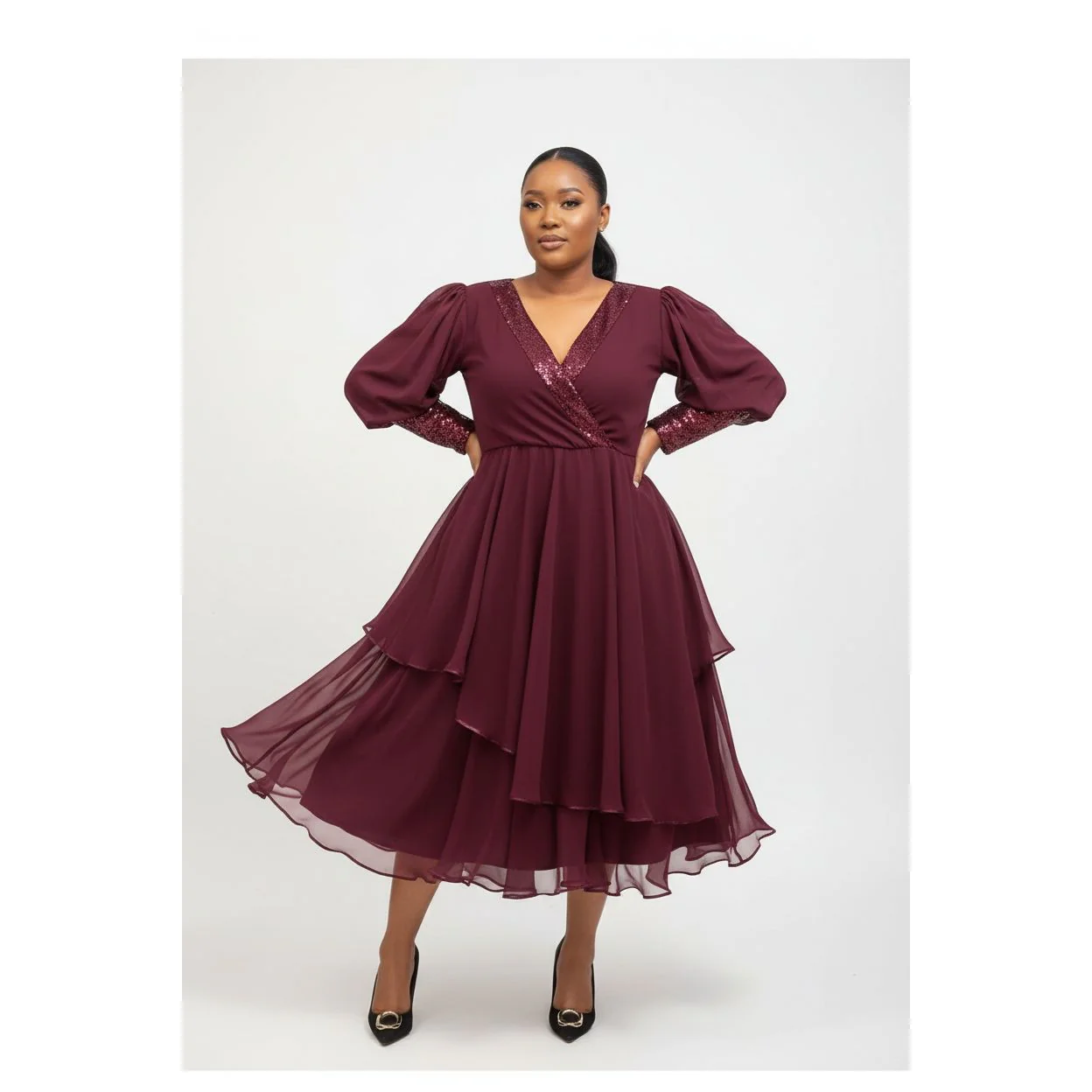 Plus Size Solid Ruffle Trim Split Hem V-Neck Dress - Image 4