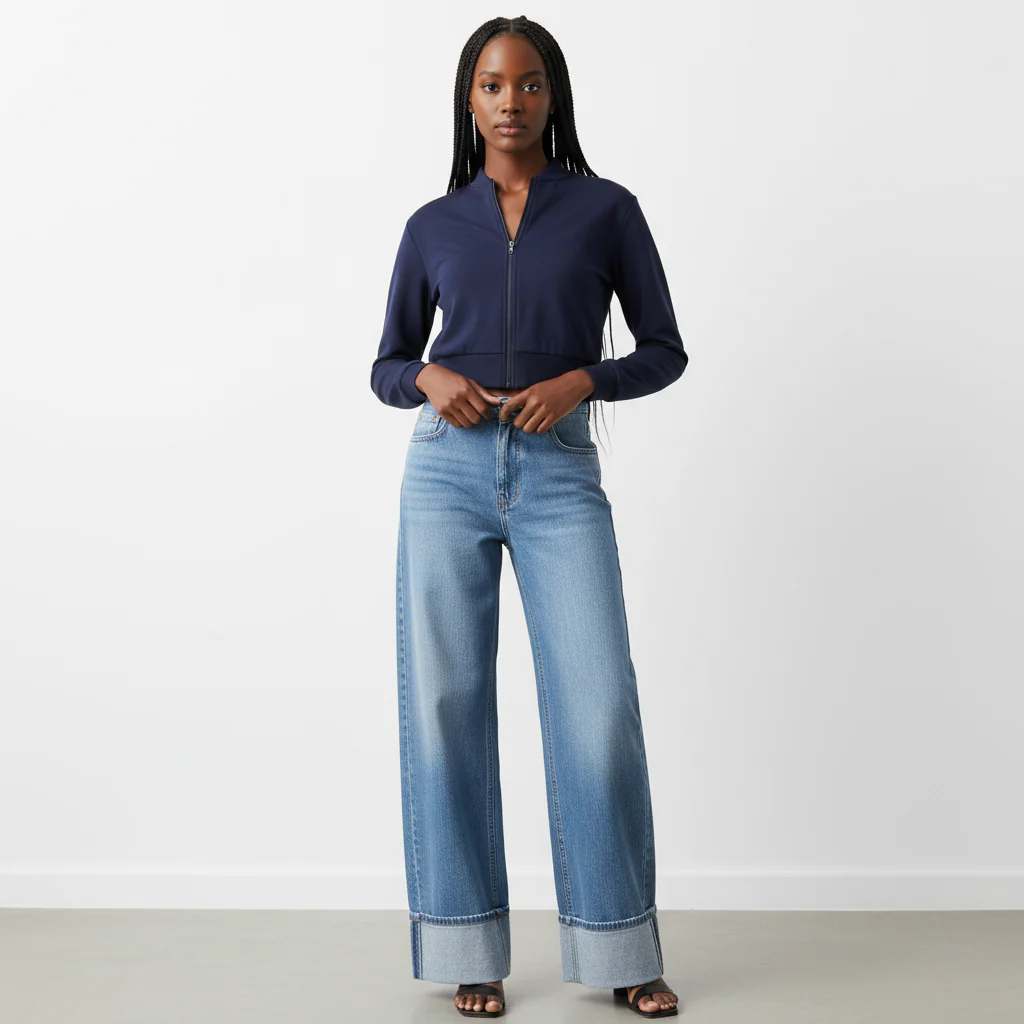 Plus Size Women Pockets Flared Wide Leg Loose Casual Versatile Denim Jeans - Image 3