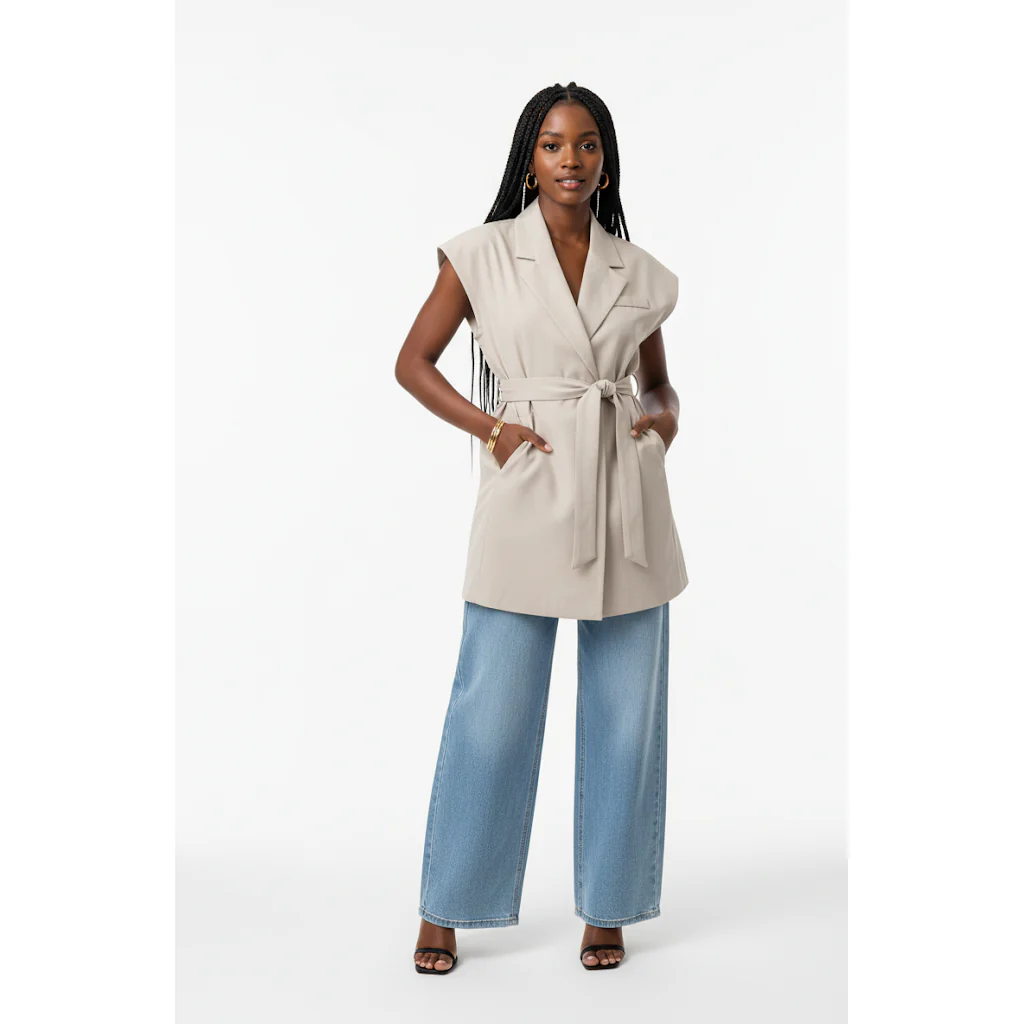 Plus Size Women's Casual Fashionable V-Neck Multi Pocket Waist Elastic Waistband Style Vest Coat - Image 2