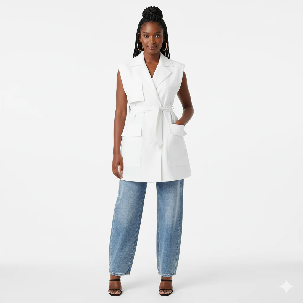 Plus Size Women's Casual Fashionable V-Neck Multi Pocket Waist Elastic Waistband Style Vest Coat - Image 3