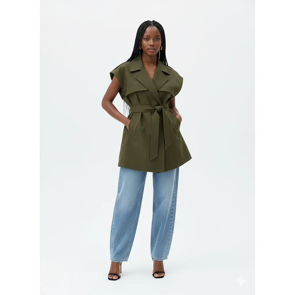 Plus Size Women's Casual Fashionable V-Neck Multi Pocket Waist Elastic Waistband Style Vest Coat - Image 4