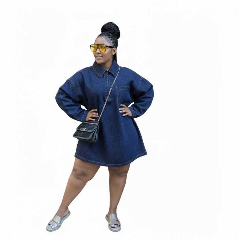 Plus Size Denim Zip Mini Long Sleeve Dress - Image 3