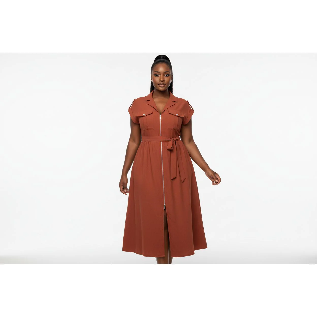Plus Size Zipper Pocket Elegant Long Dress - Image 2