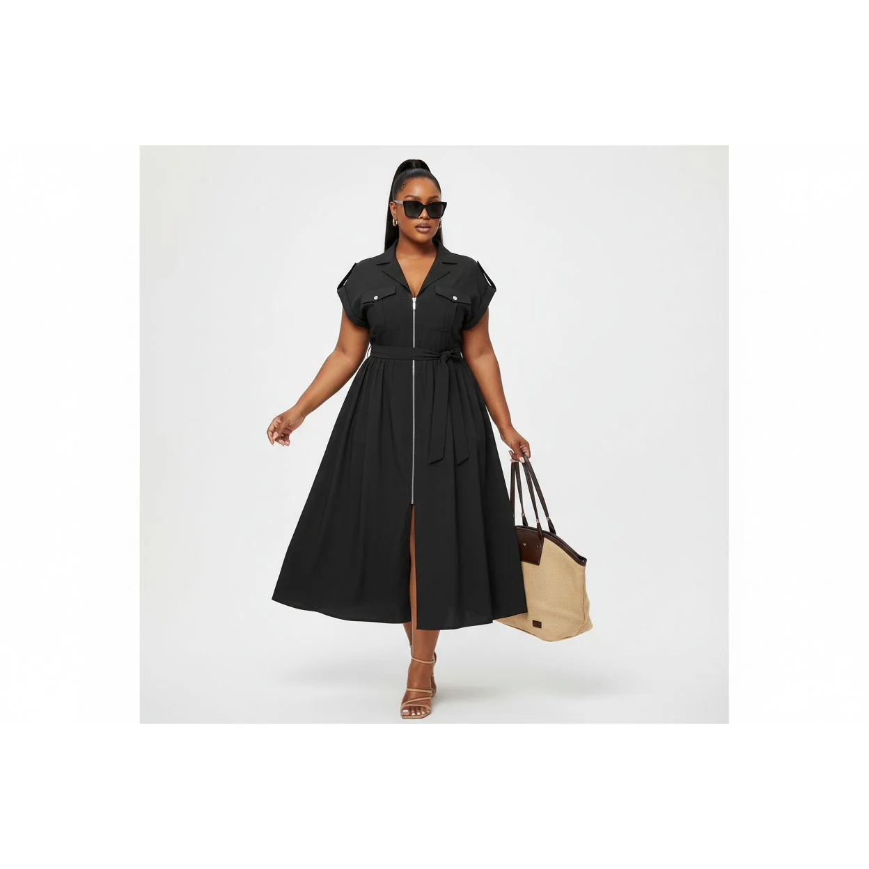 Plus Size Zipper Pocket Elegant Long Dress - Image 3