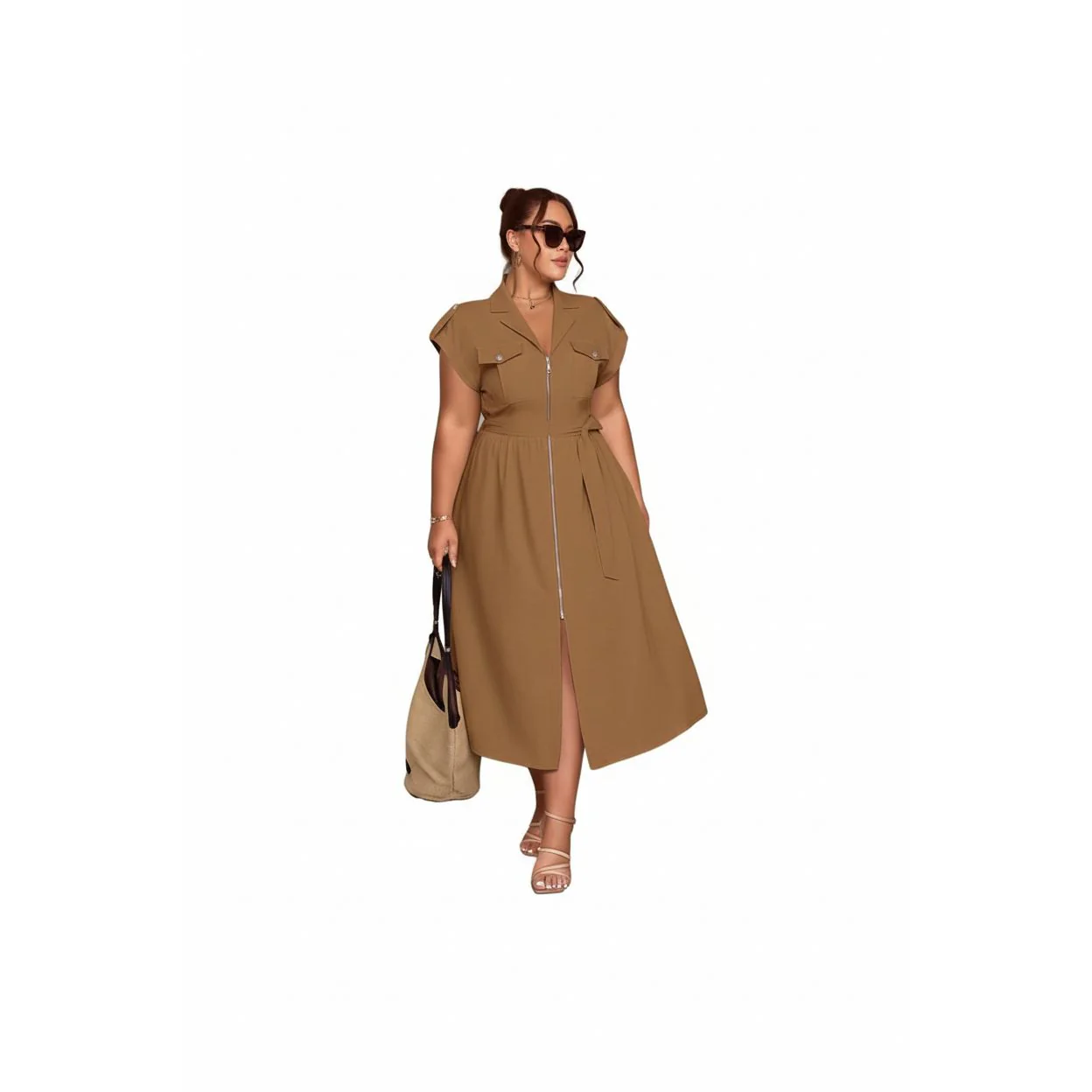 Plus Size Zipper Pocket Elegant Long Dress - Image 5