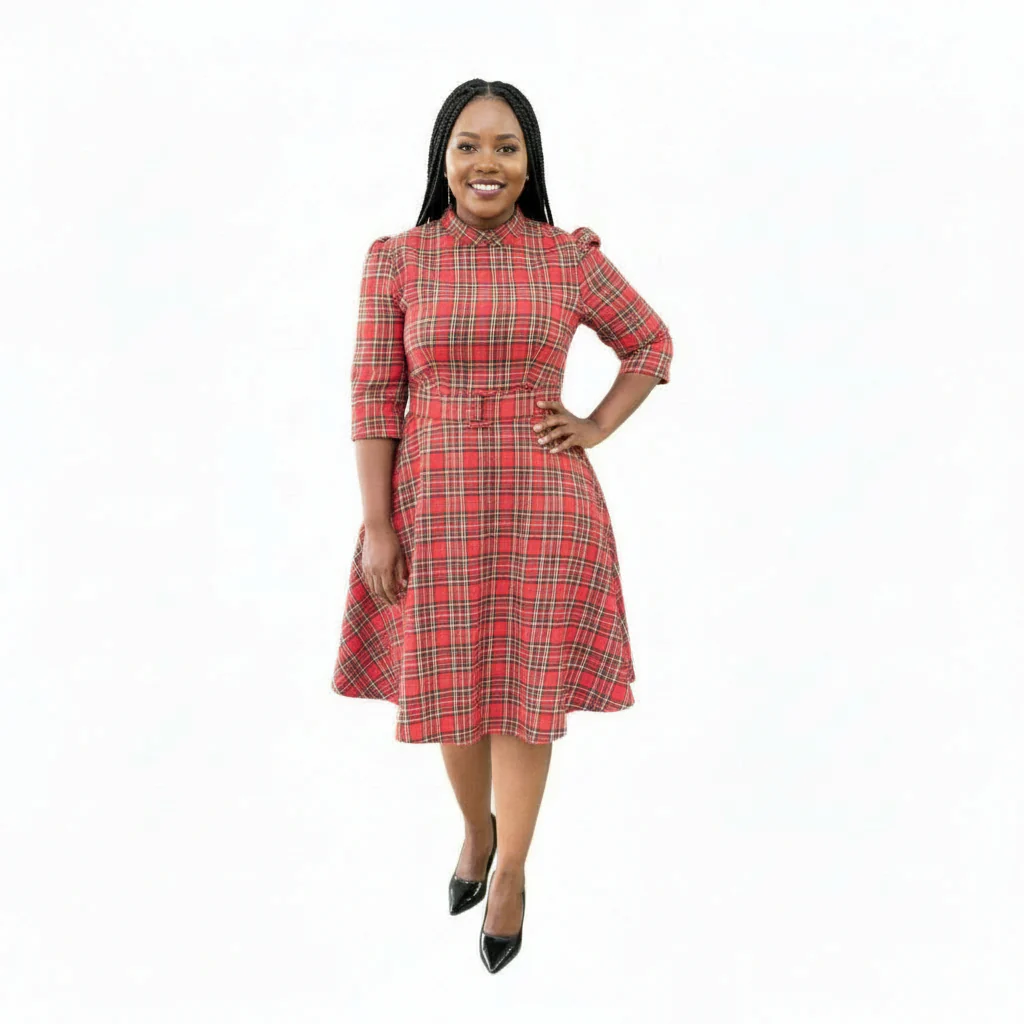 Plus Tartan Print Lantern Sleeve Dress. - Image 2