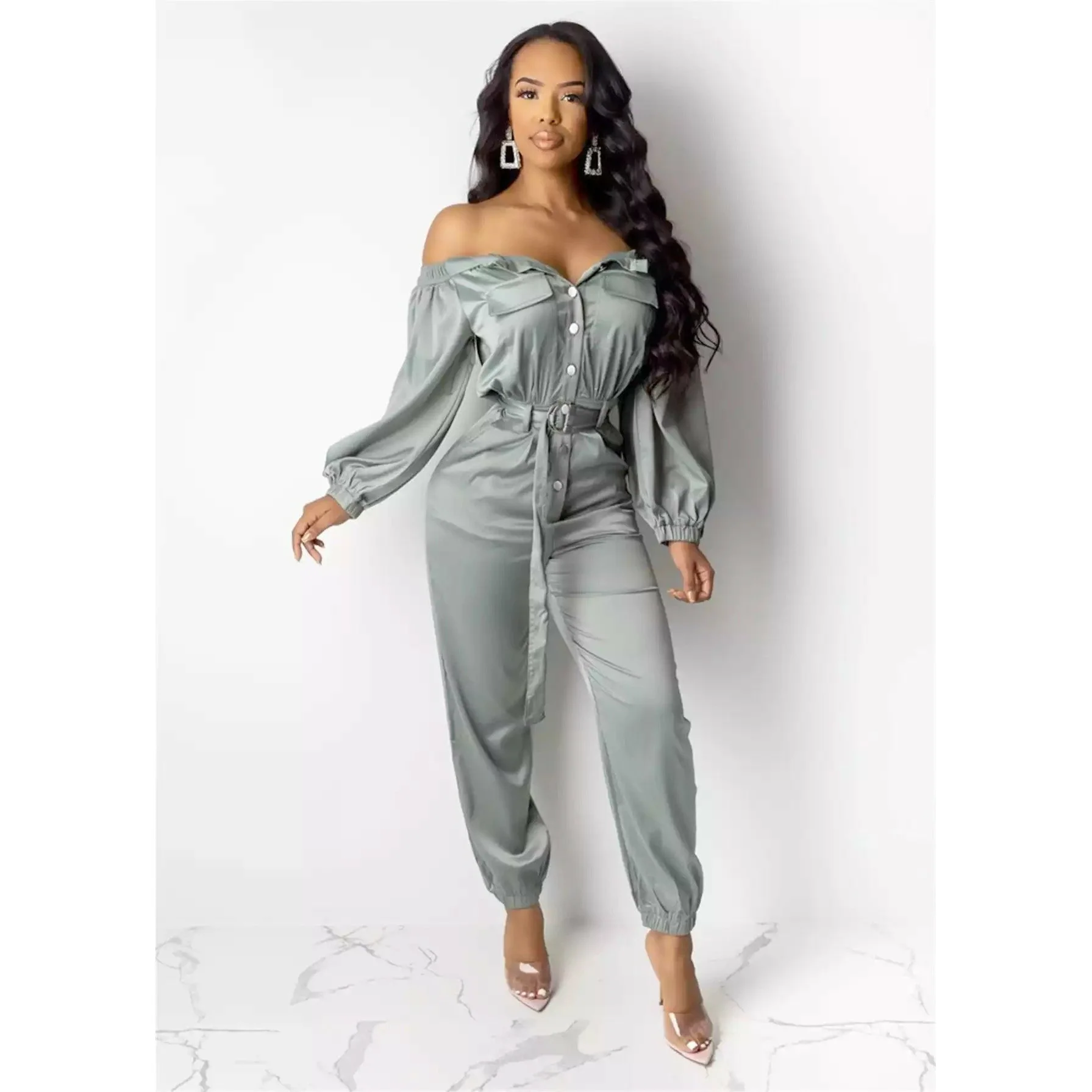 Pockets Off The Shoulder Single-breasted Overalls - Image 3