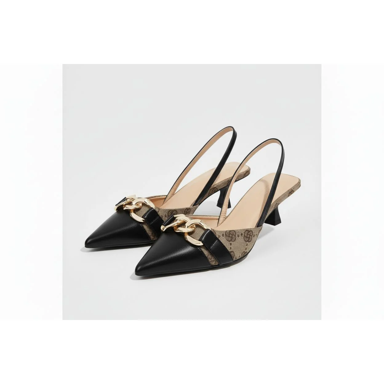 Slingback Monogram Print & Chain Kitten Heels - Image 3