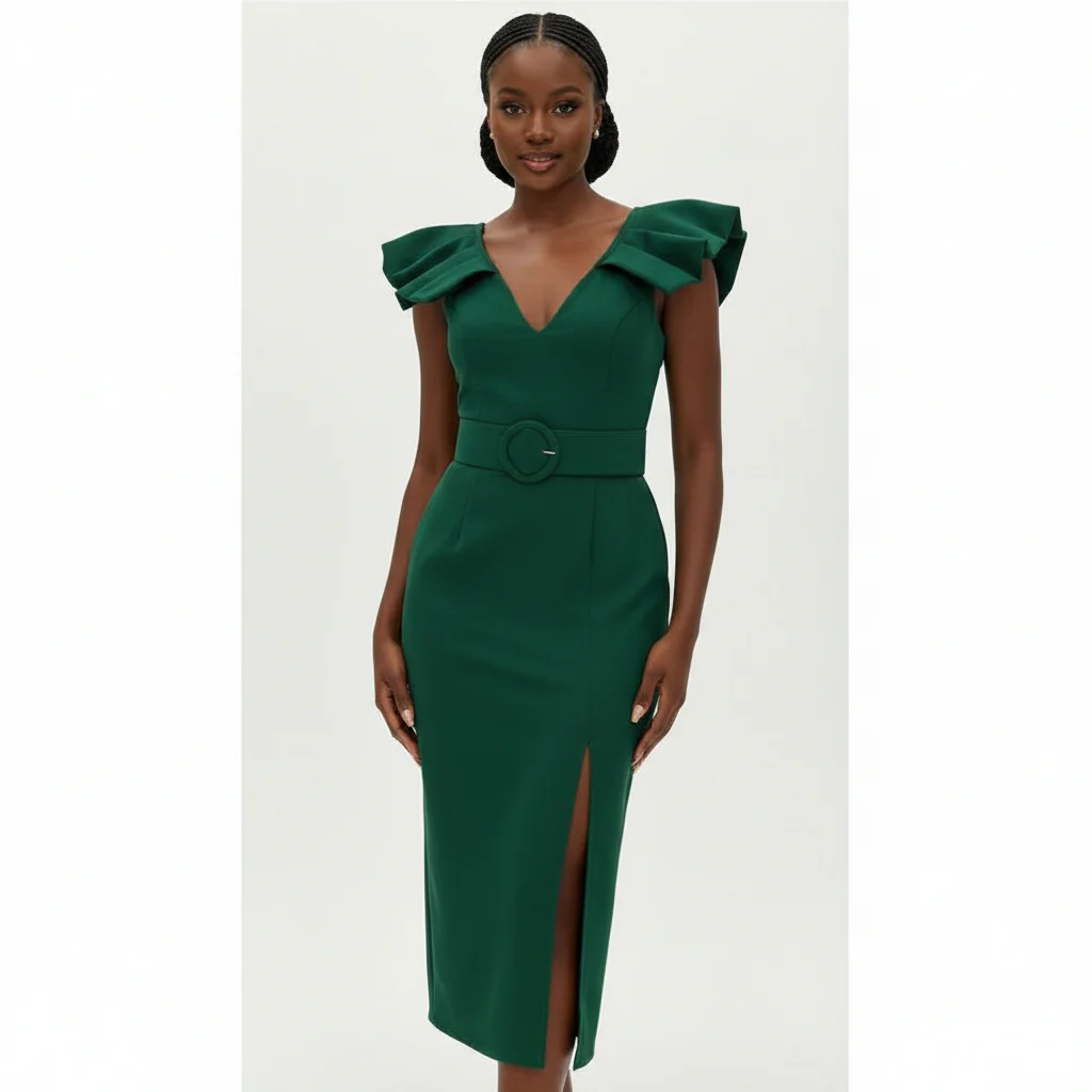 Poplin Puff Sleeve Slit Bodycon Dress.