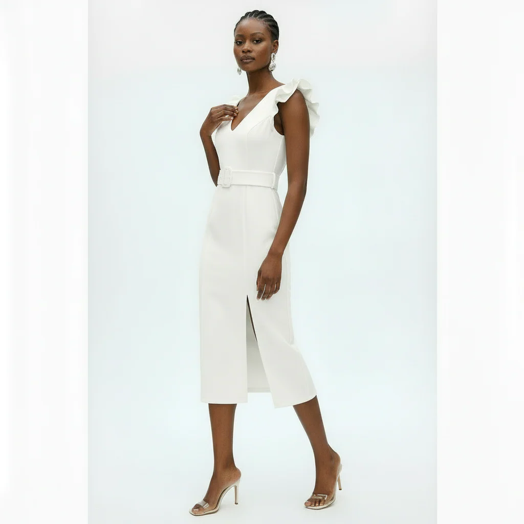 Poplin Puff Sleeve Slit Bodycon Dress. - Image 2