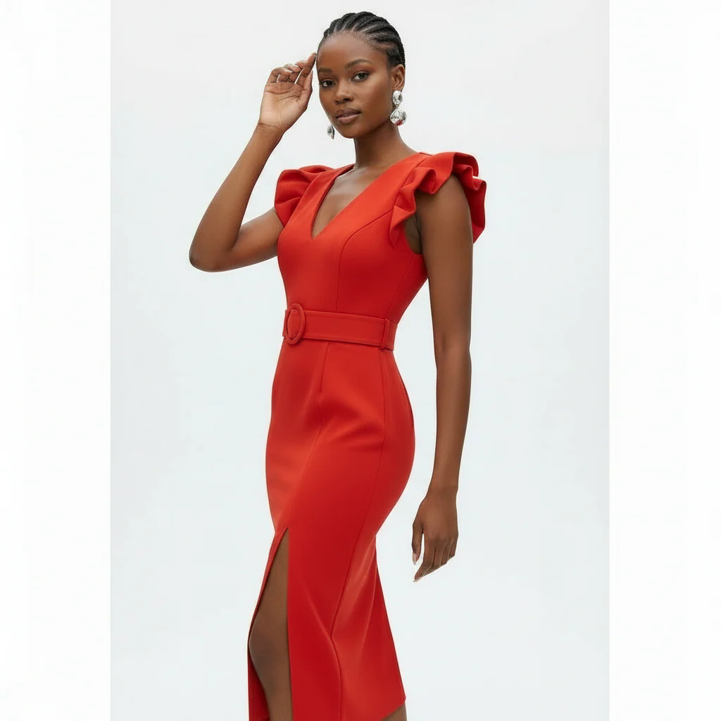Poplin Puff Sleeve Slit Bodycon Dress. - Image 4