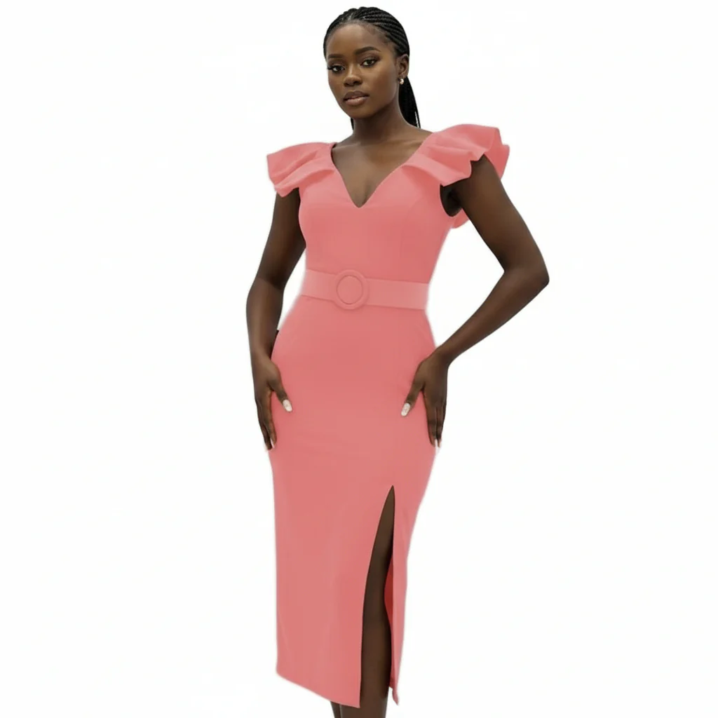 Poplin Puff Sleeve Slit Bodycon Dress. - Image 5
