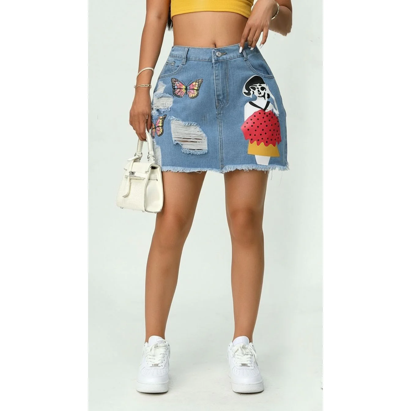 Print Distressed Denim Mini Skirt