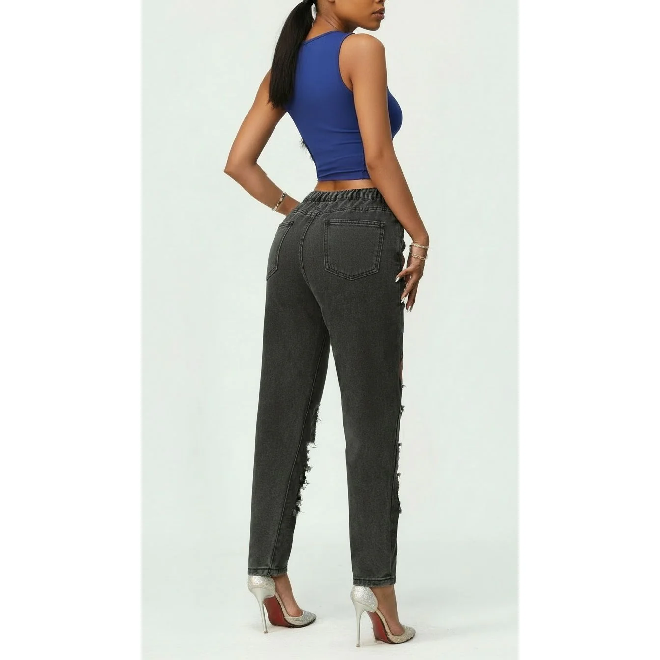 Print Distressed High Waisted Jeans - Image 2