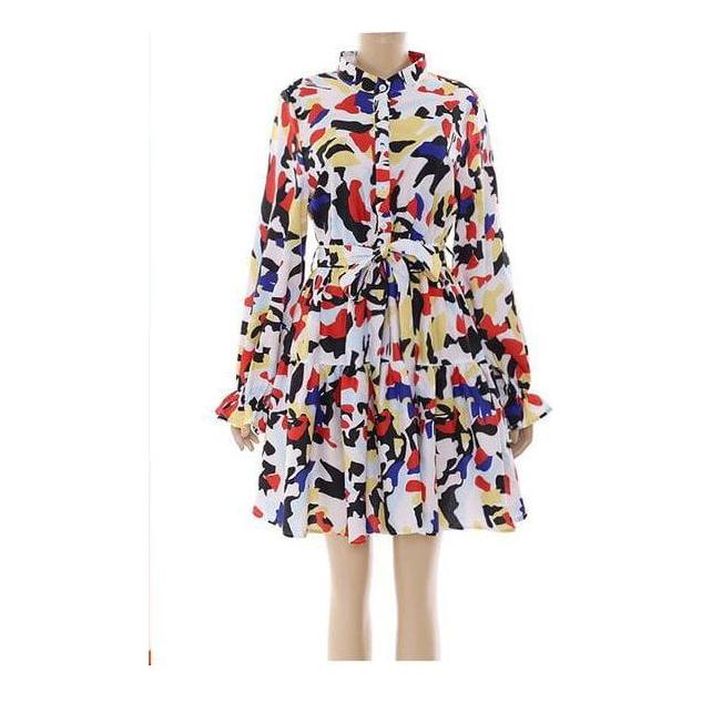 Print Lantern Sleeve Fold Pleat Curved Hem Dress. - Image 4