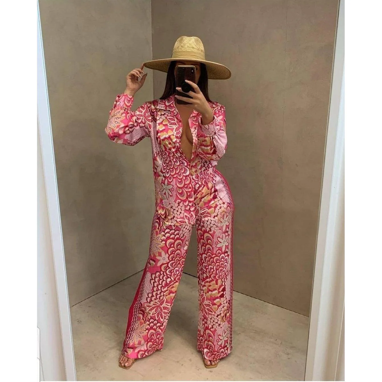 Print Turn-down Collar Blouse And Long Pants Outfits Set - Image 2
