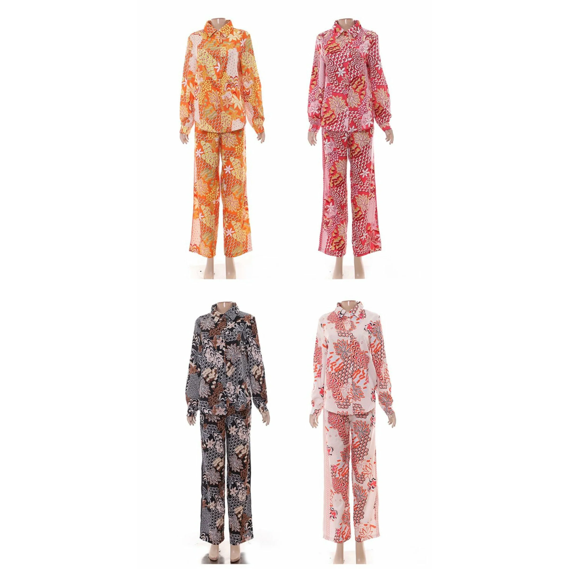 Print Turn-down Collar Blouse And Long Pants Outfits Set - Image 4