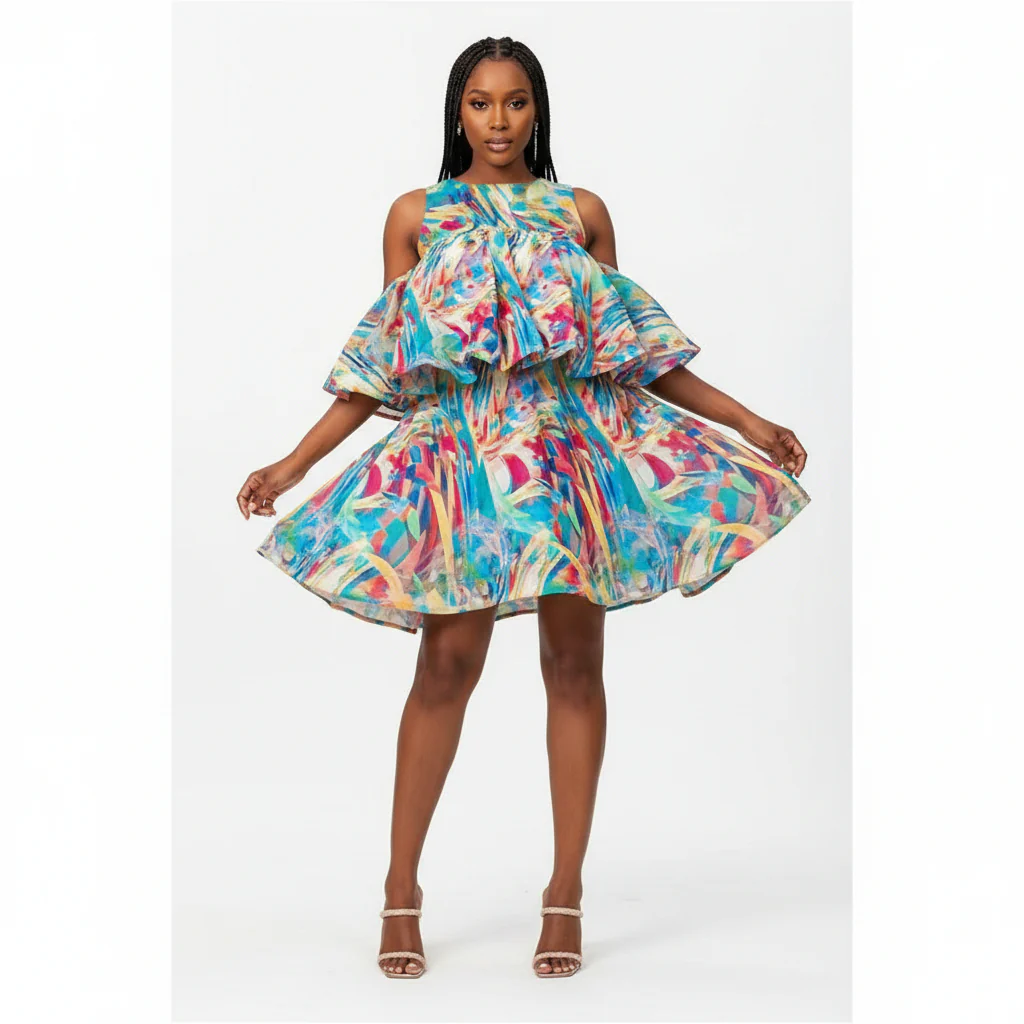 Printed Pleated Sleeveless Short Dress. - Image 2