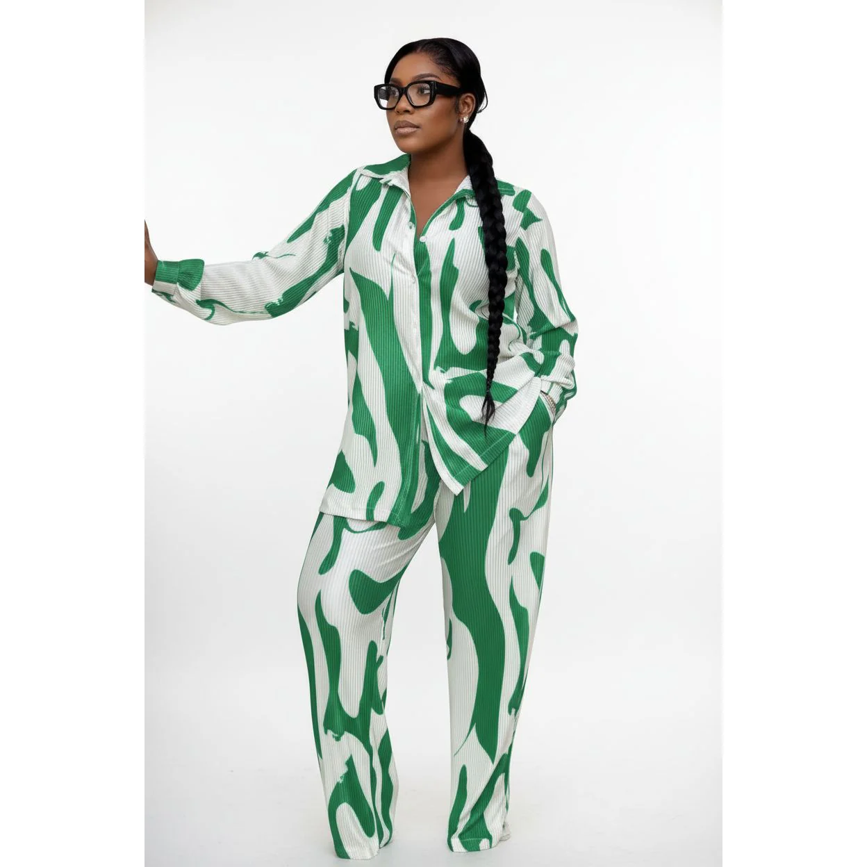Printed Shirt & Wide Leg Pants Set - Image 2