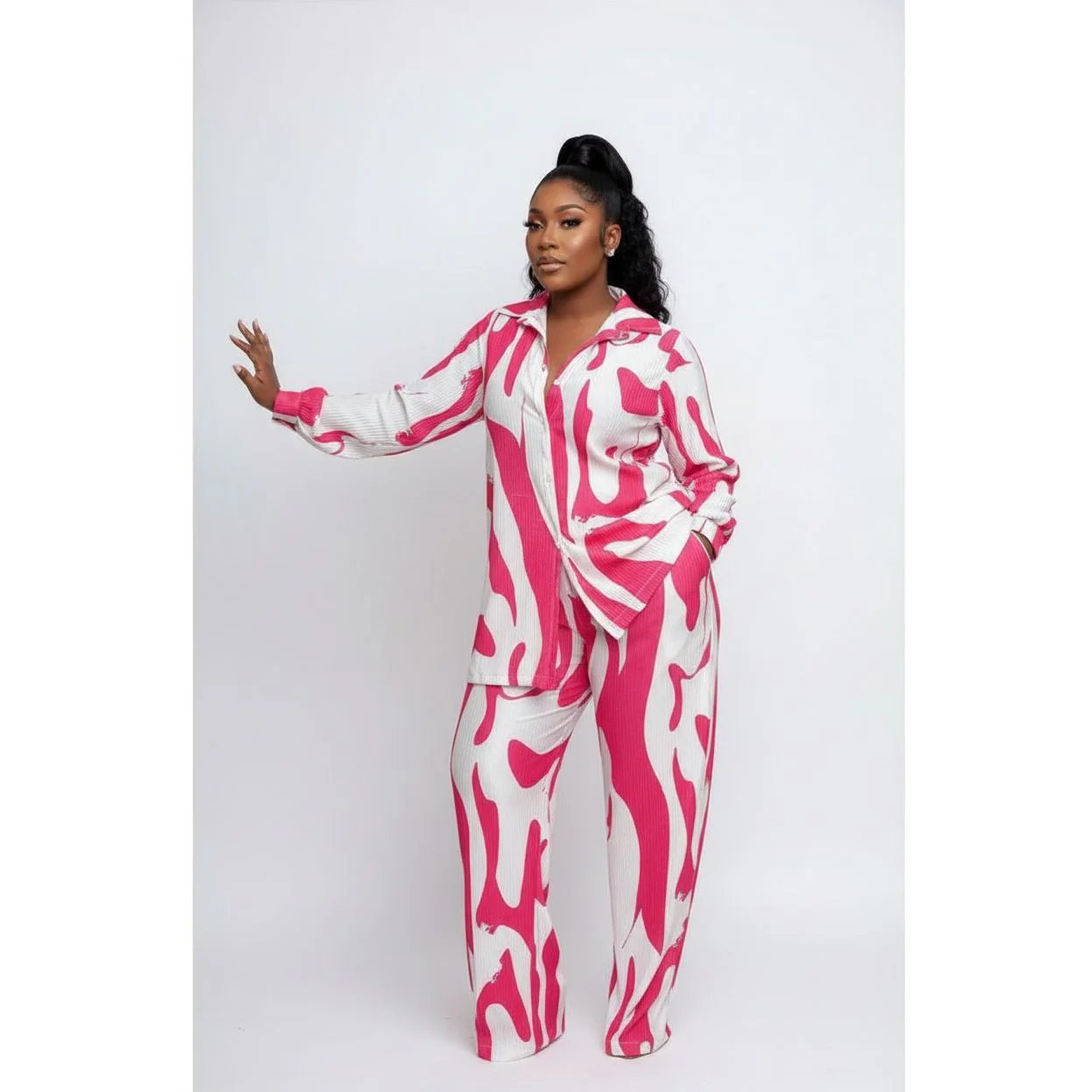 Printed Shirt & Wide Leg Pants Set - Image 3