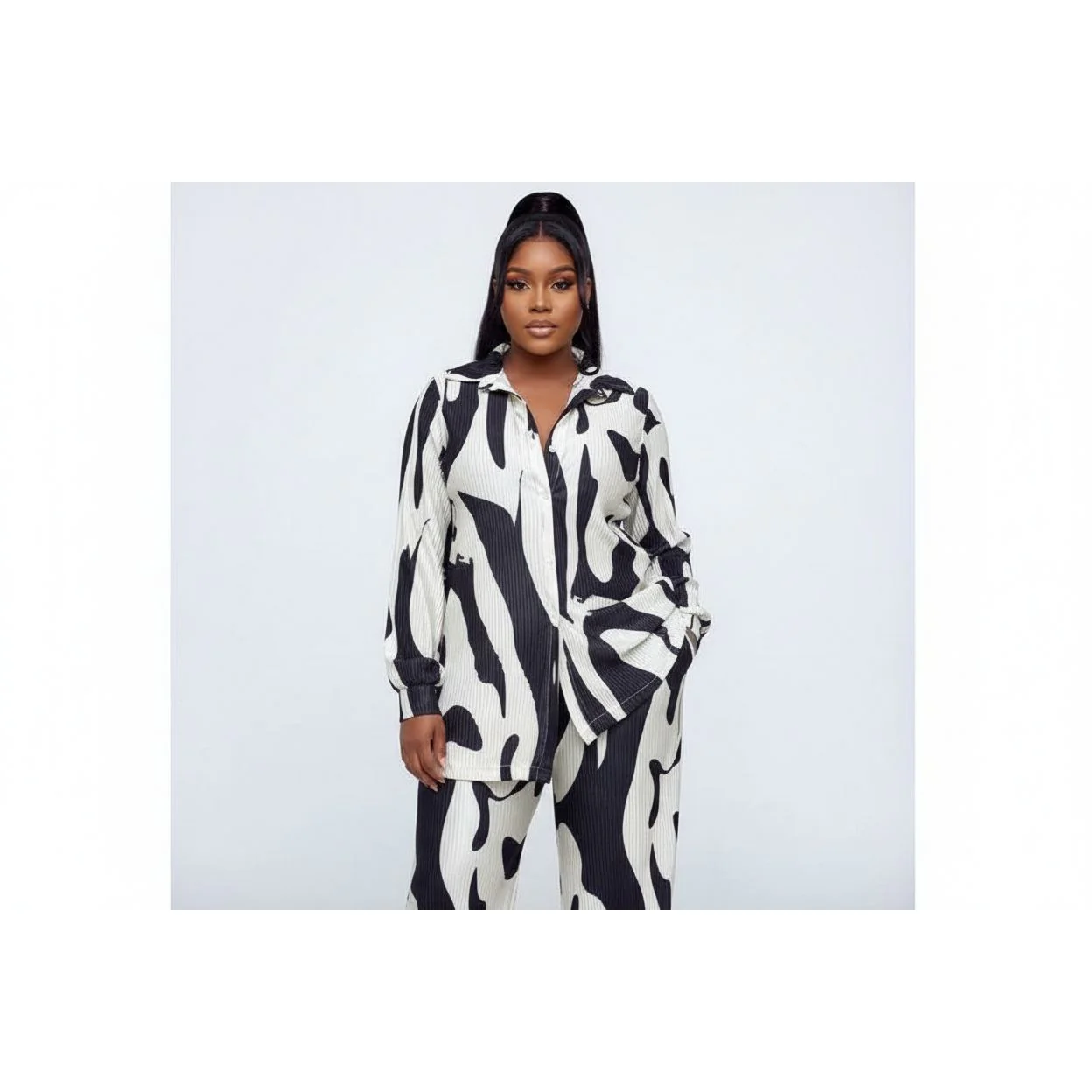 Printed Shirt & Wide Leg Pants Set - Image 4