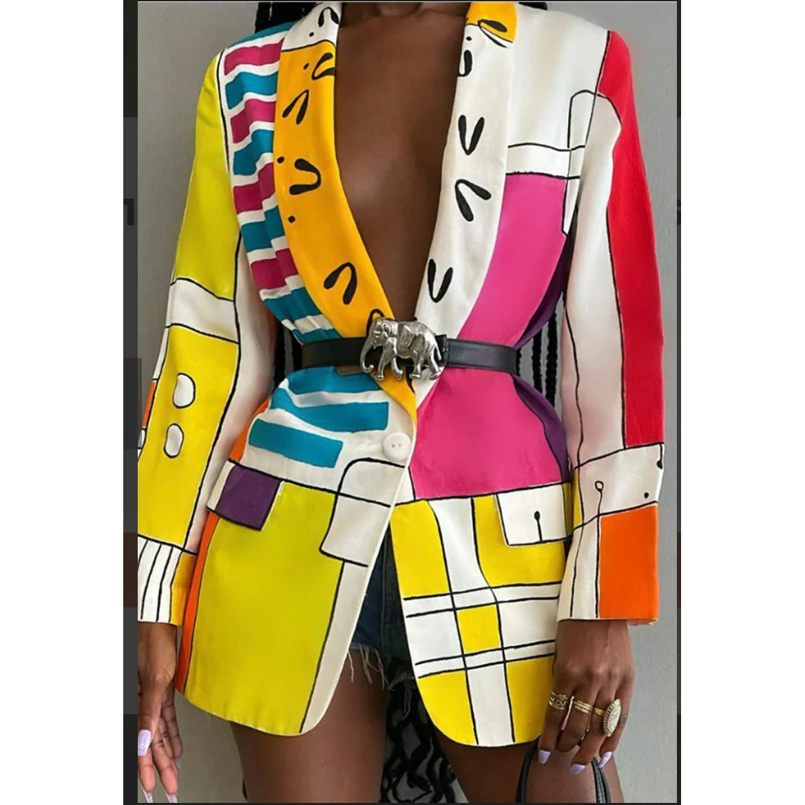 Printed Turn-down Collar Long Blazer