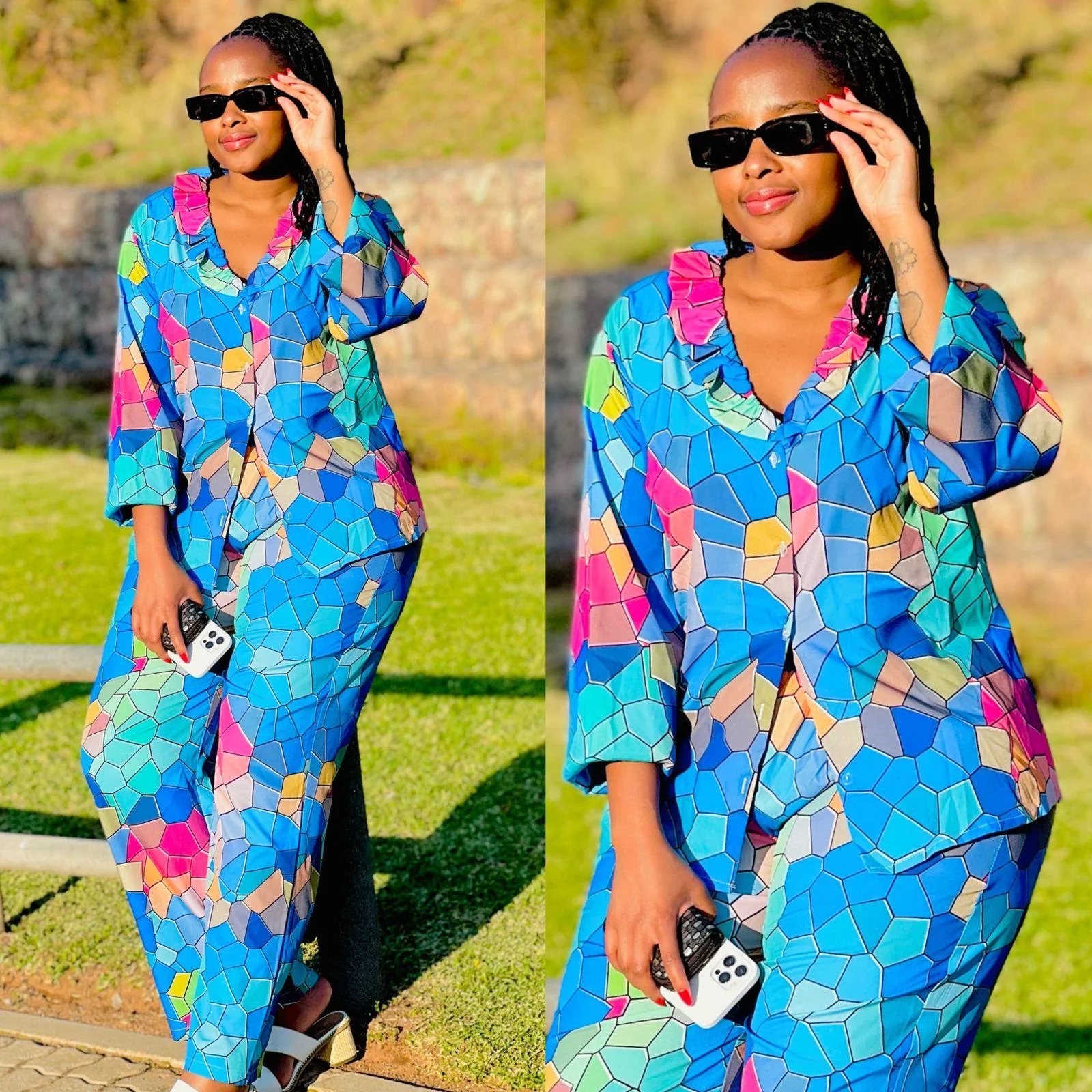 Printed V-Neck Blouse & Pants Set