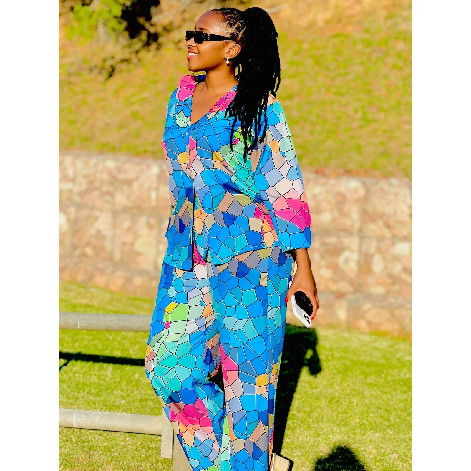 Printed V-Neck Blouse & Pants Set - Image 2