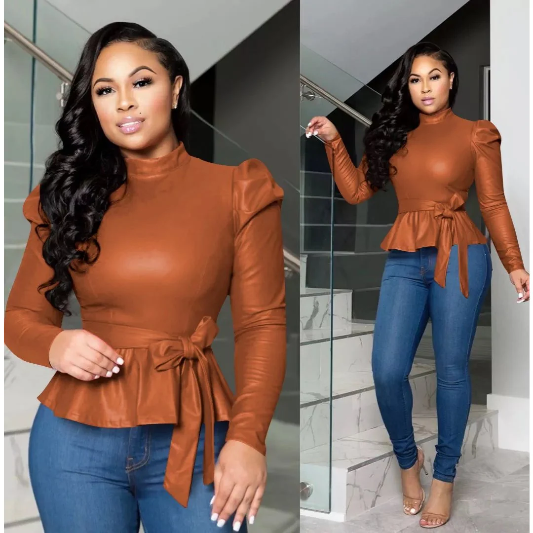 PU Leather Long Sleeve Ruffle Tops - Image 2