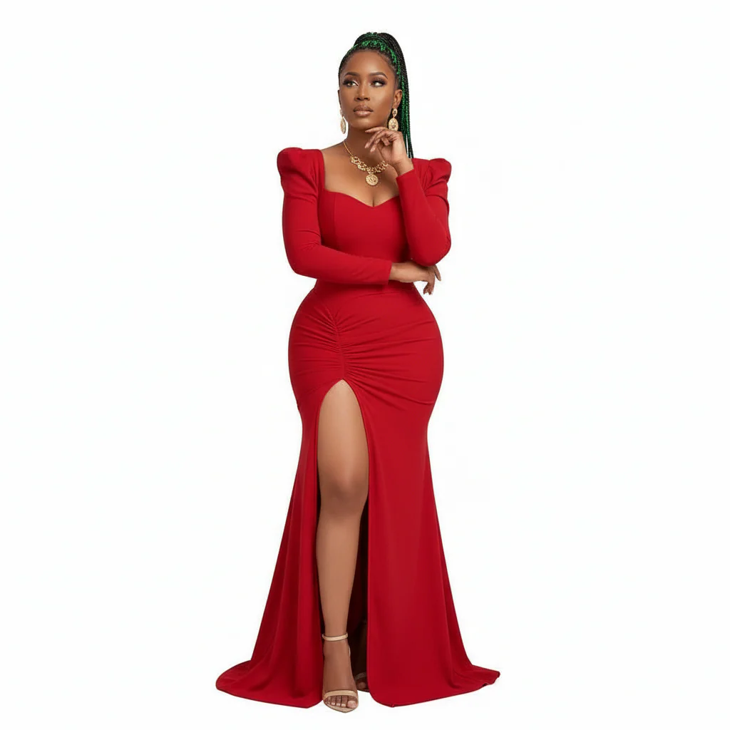 Puff Sleeve Side Draped Split Thigh Mermaid Hem Formal Dress