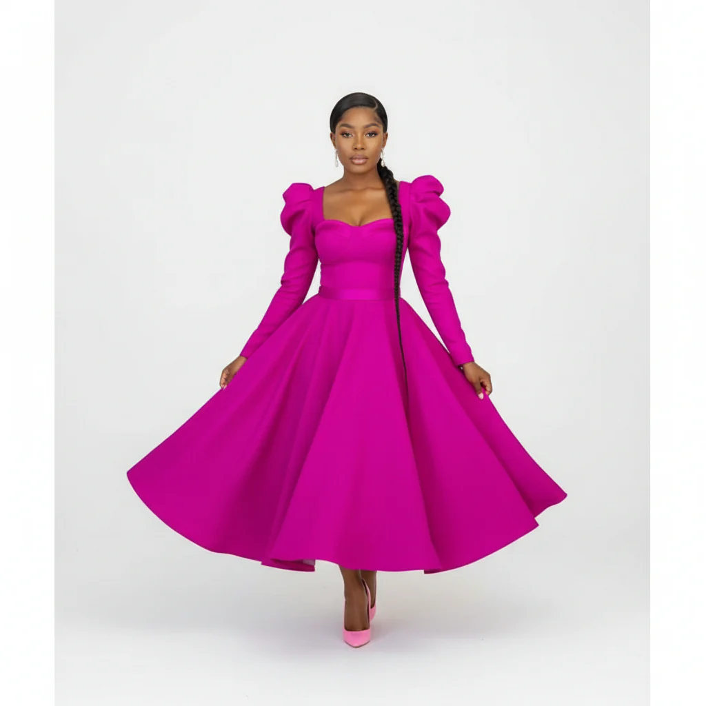 Puffy Shoulder Long Sleeve Midi Dress.