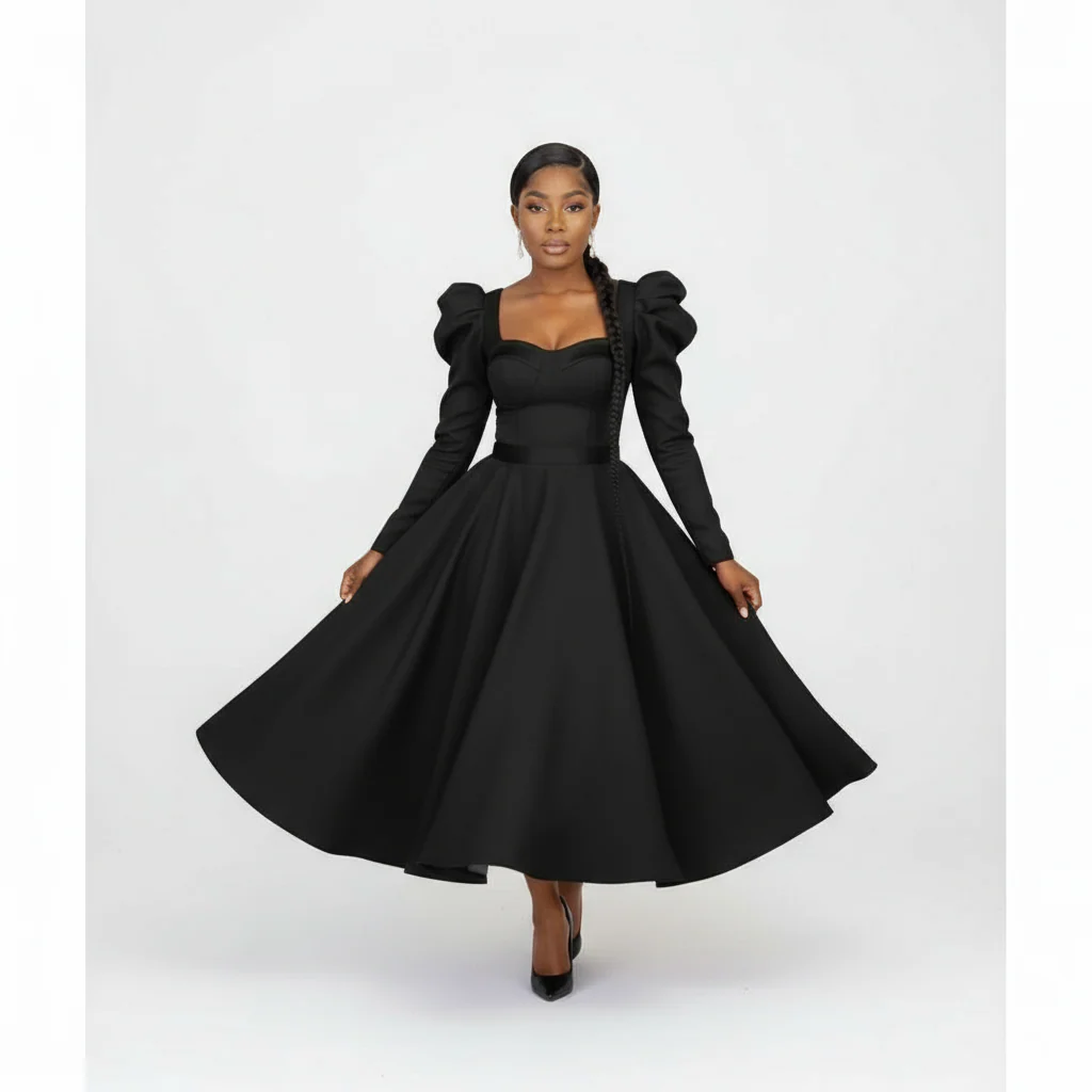 Puffy Shoulder Long Sleeve Midi Dress. - Image 2