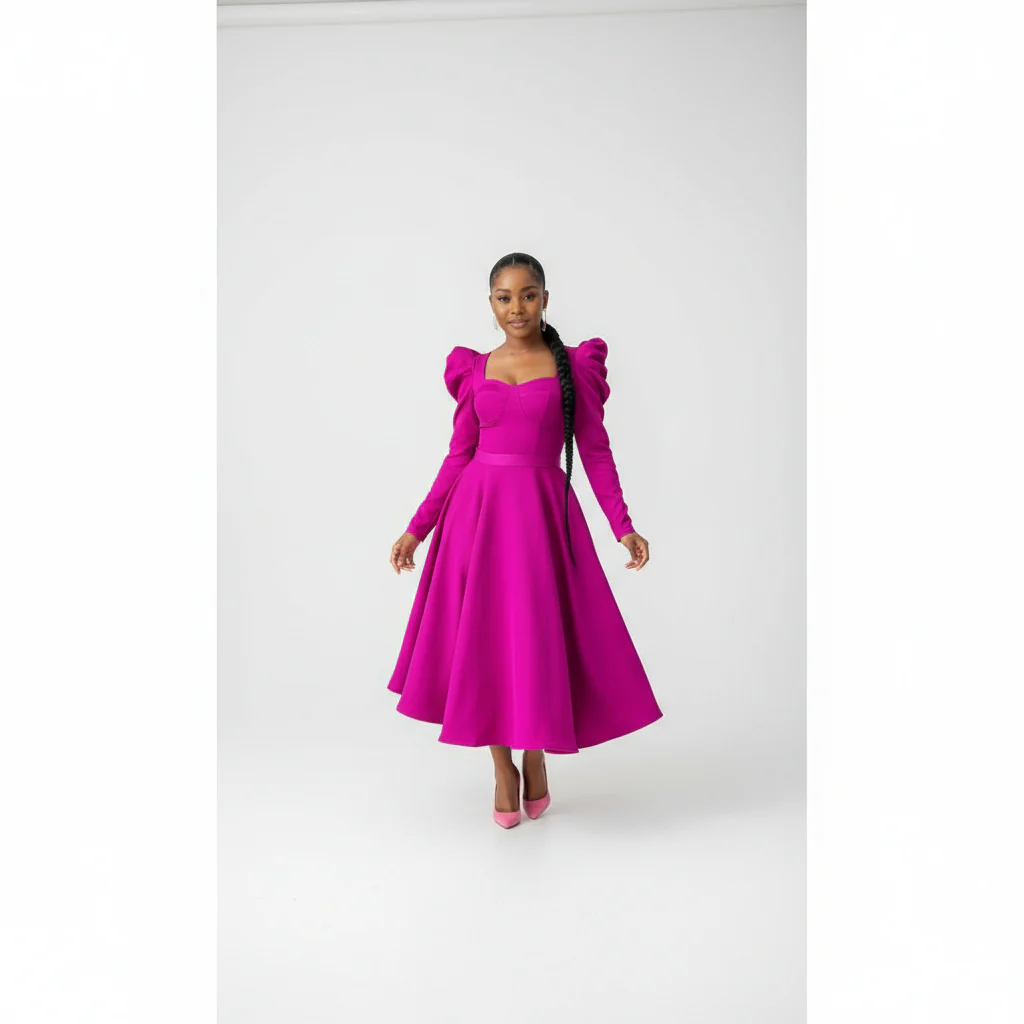 Puffy Shoulder Long Sleeve Midi Dress. - Image 3
