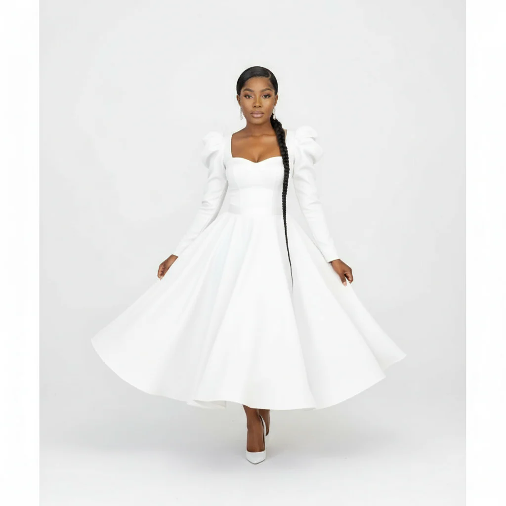 Puffy Shoulder Long Sleeve Midi Dress. - Image 4