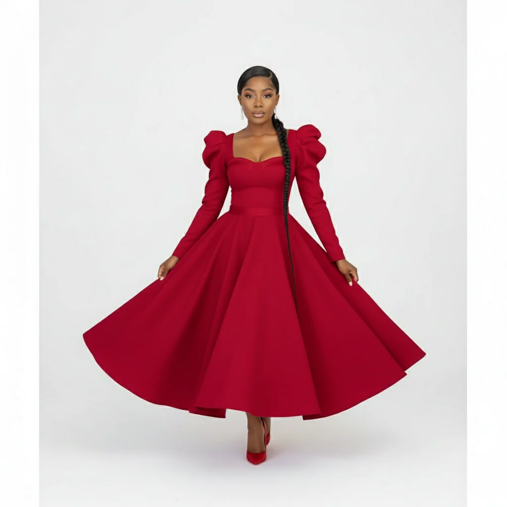 Puffy Shoulder Long Sleeve Midi Dress. - Image 5