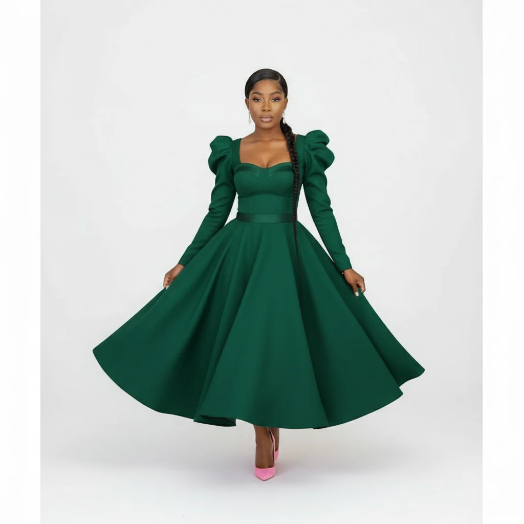 Puffy Shoulder Long Sleeve Midi Dress. - Image 6
