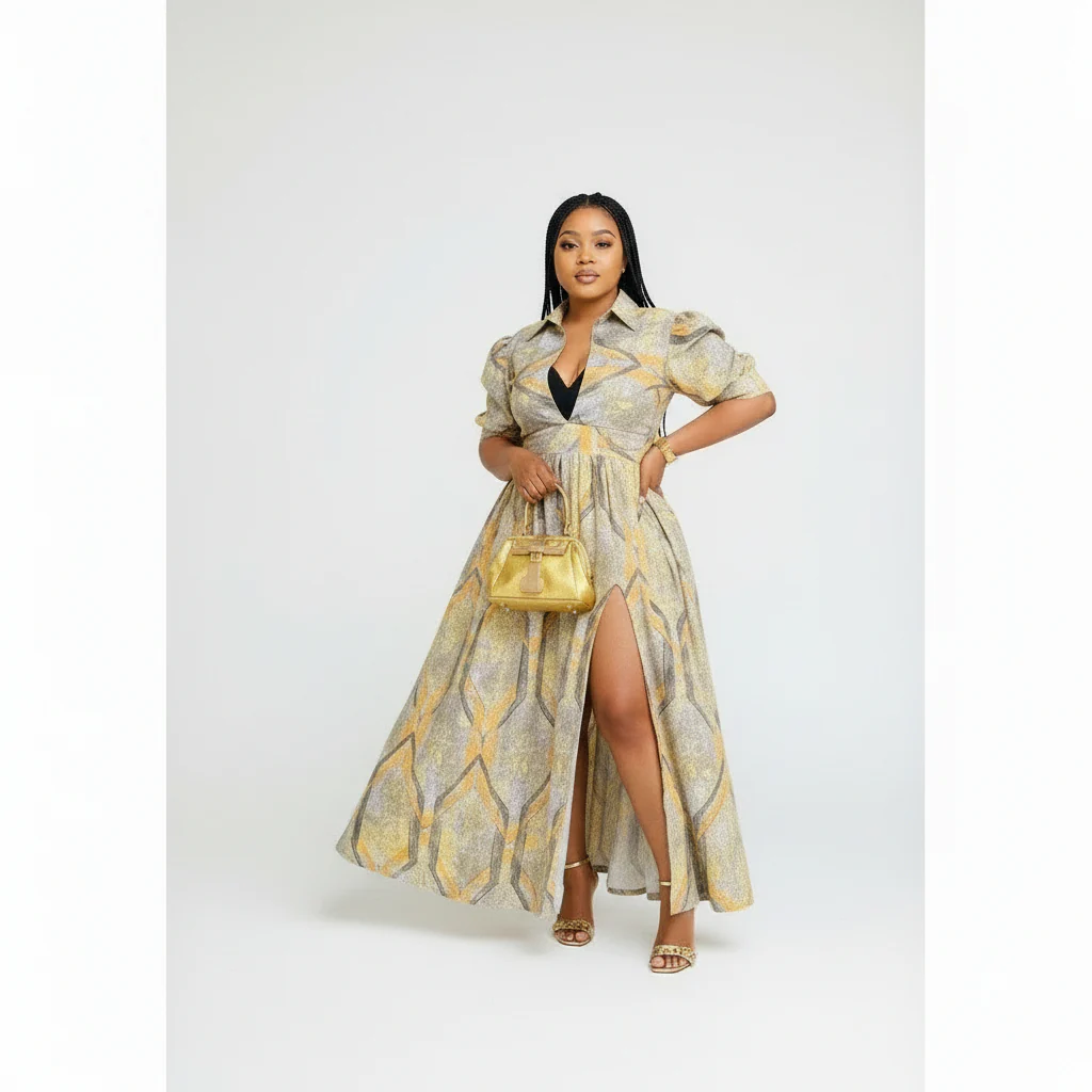 French Short Sleeve High Slit Maxi Dress - Image 3