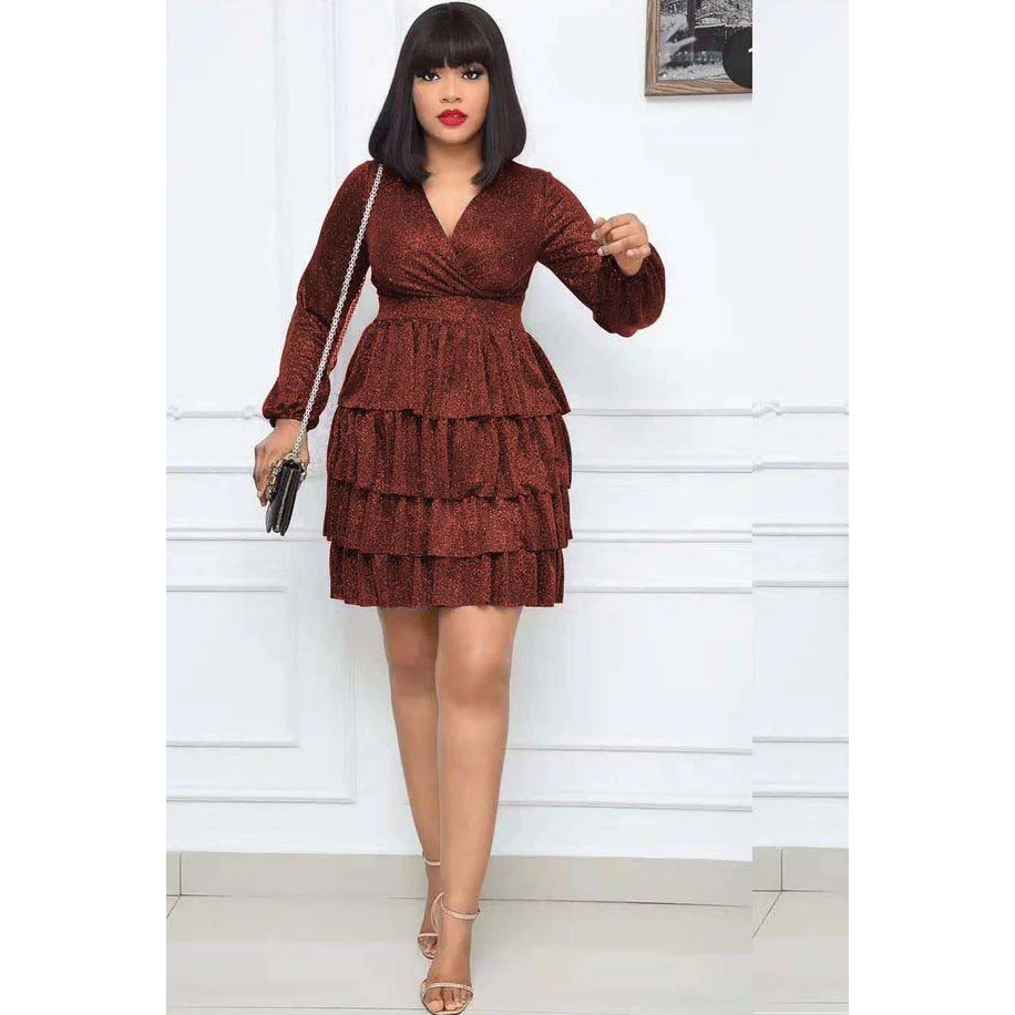 High Waisted V-Neck Patched Dress - Image 3