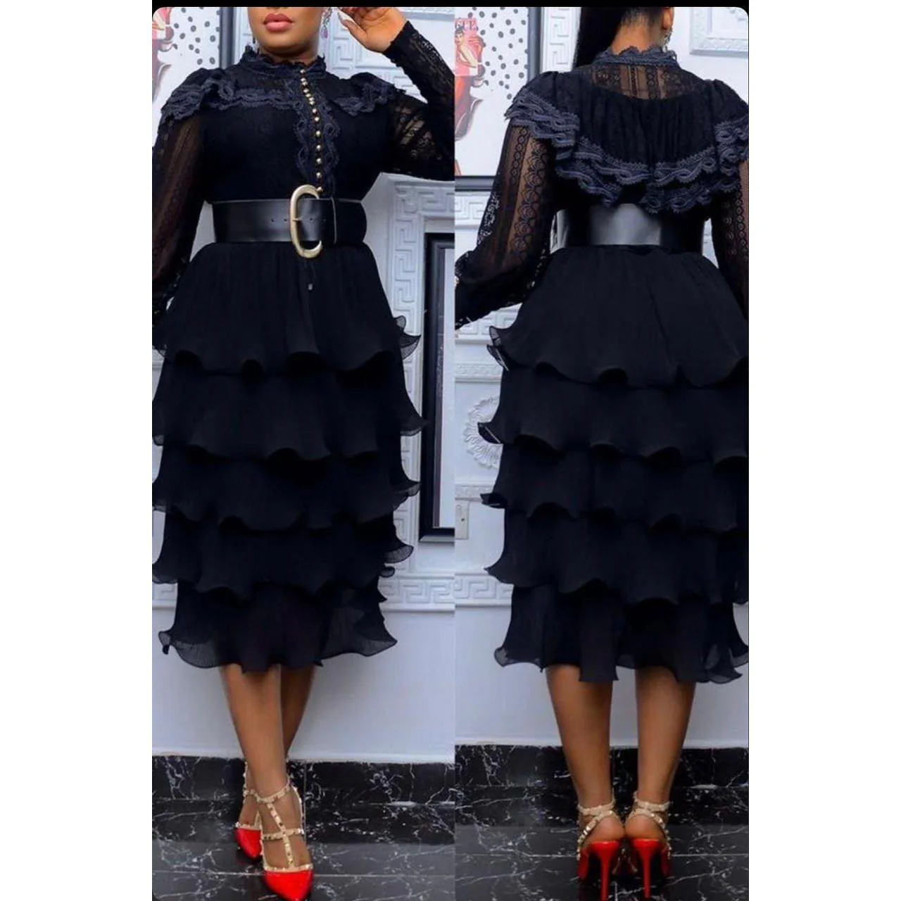 Bodycon Lace Sleeve Ruffles Dress. - Image 2
