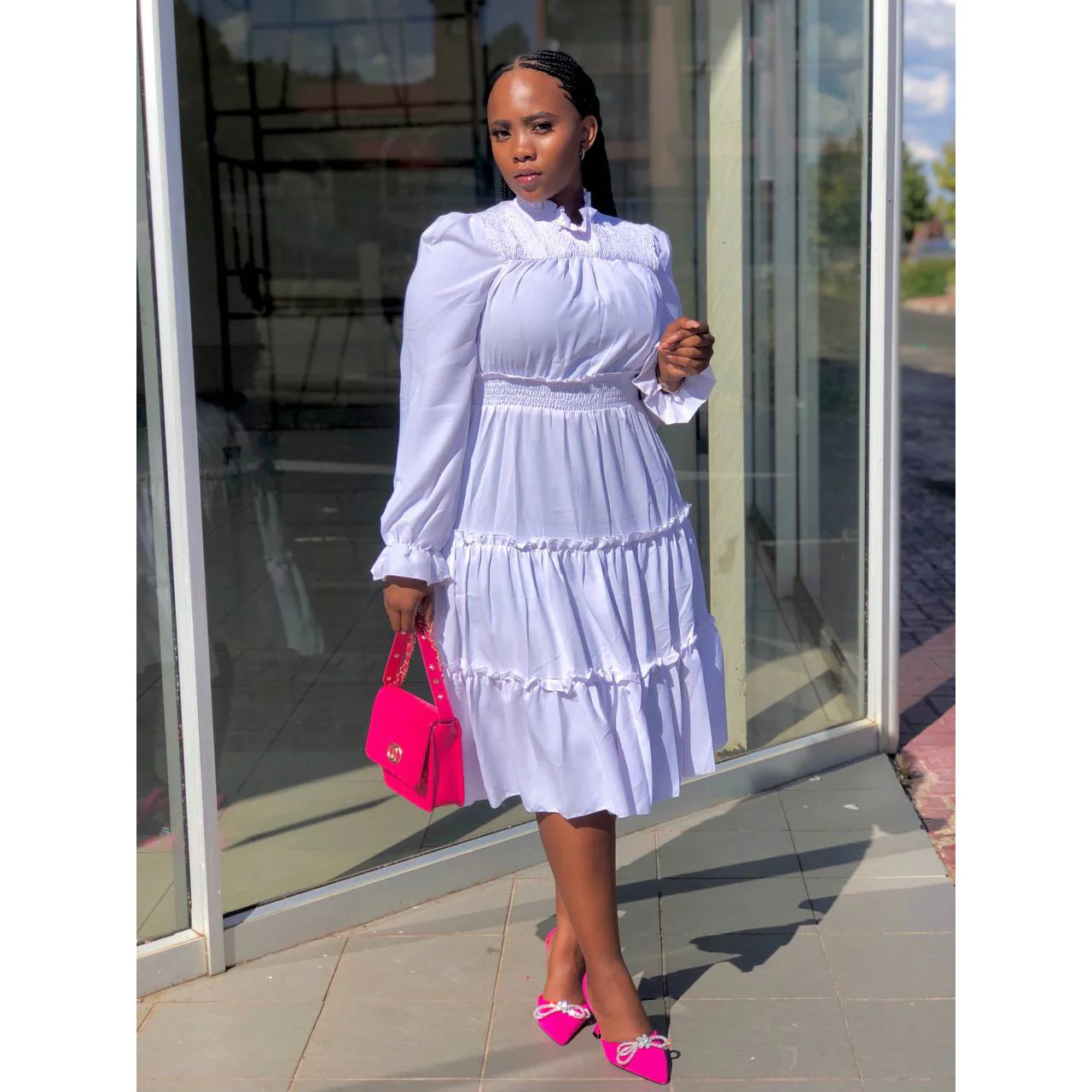 Pleated Long Sleeve Stand Collar Dress - Image 10