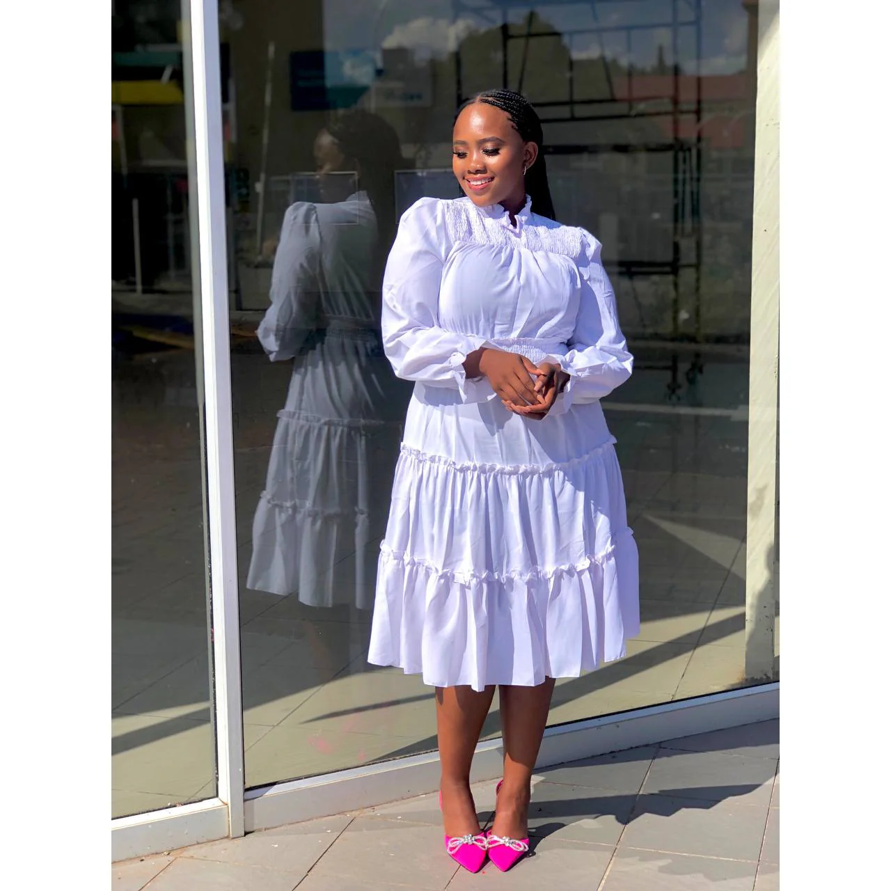 Pleated Long Sleeve Stand Collar Dress - Image 12