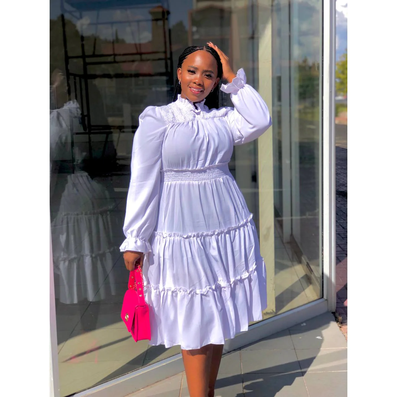 Pleated Long Sleeve Stand Collar Dress - Image 13