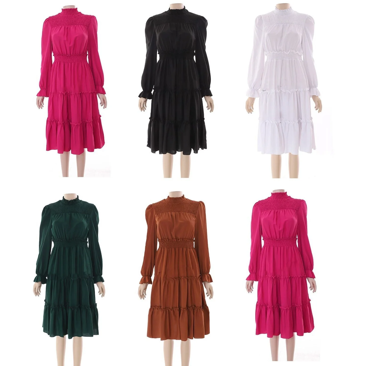 Pleated Long Sleeve Stand Collar Dress - Image 7