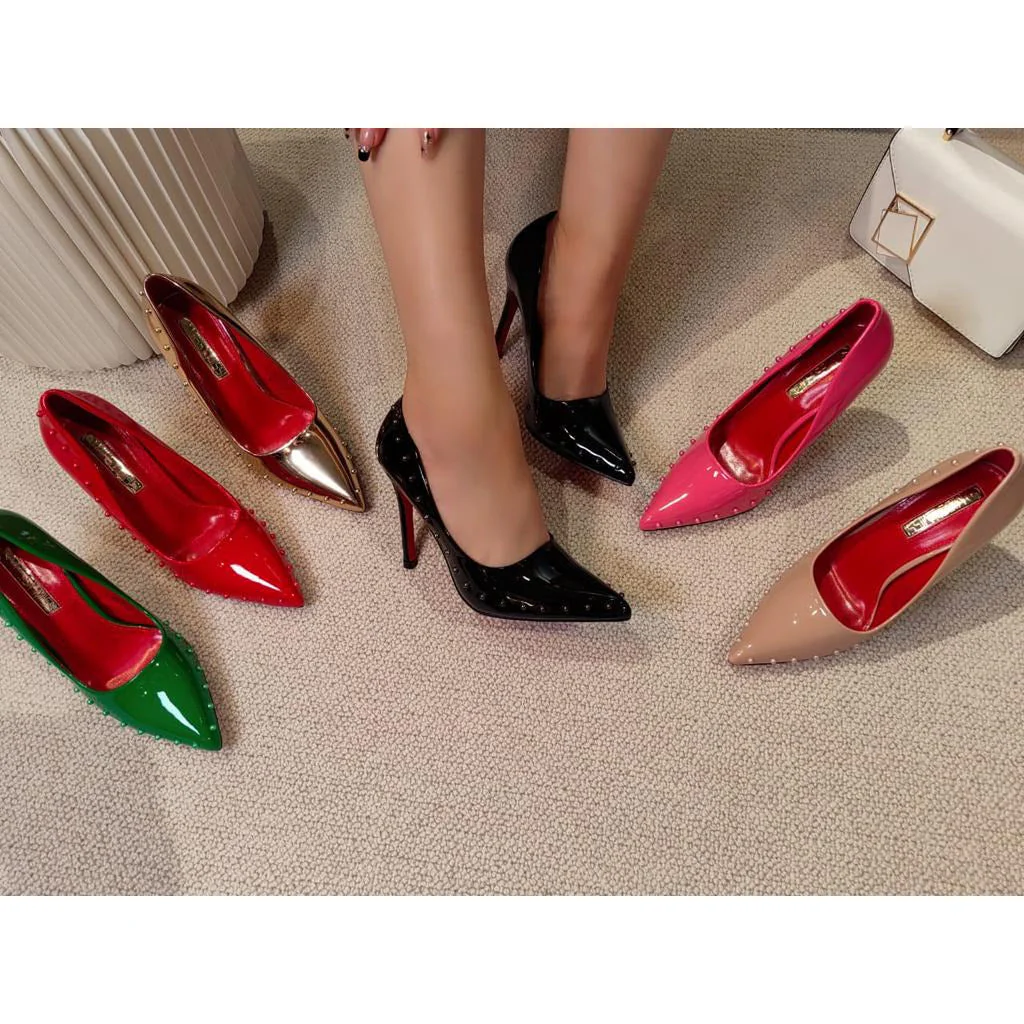 Red Sole Black Patent Rivet High Heel - Image 10