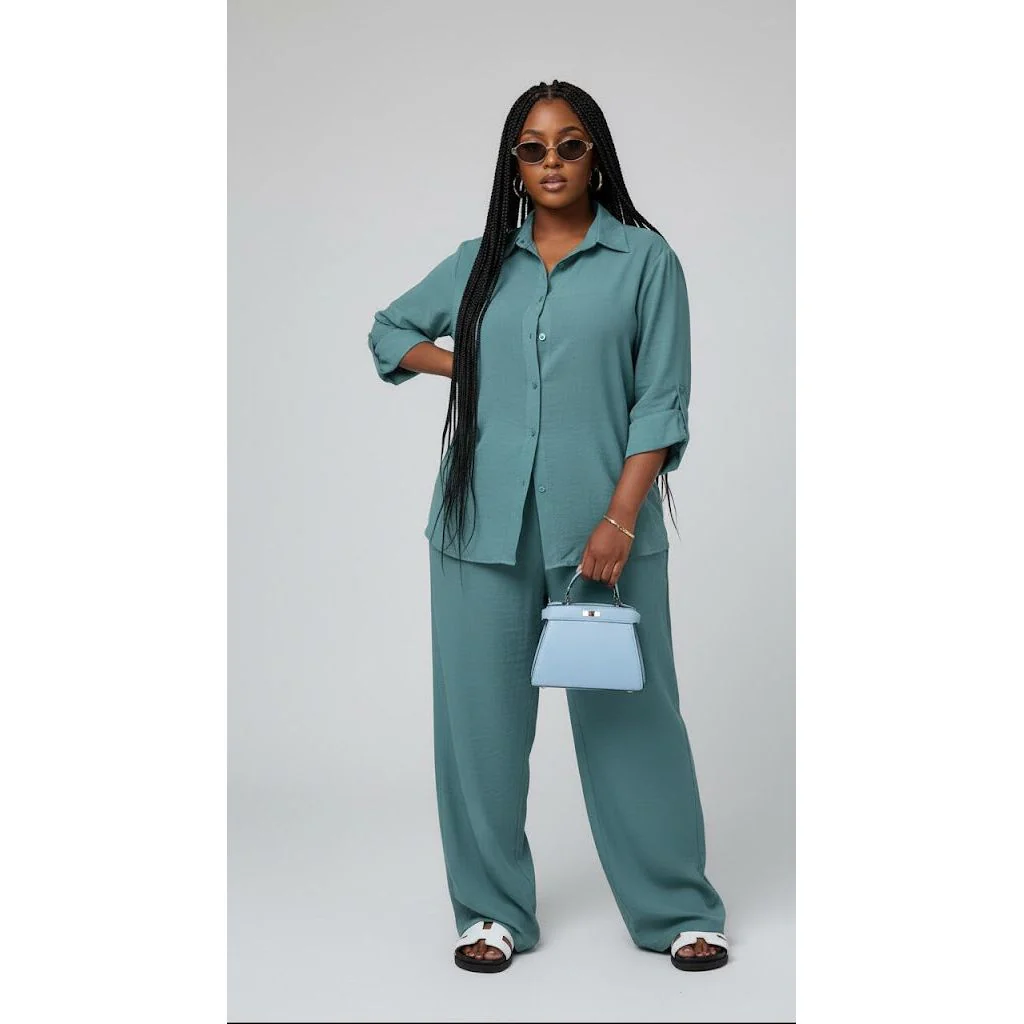 Relaxed Button-Up Shirt and Wide Leg Pants Set - Image 4
