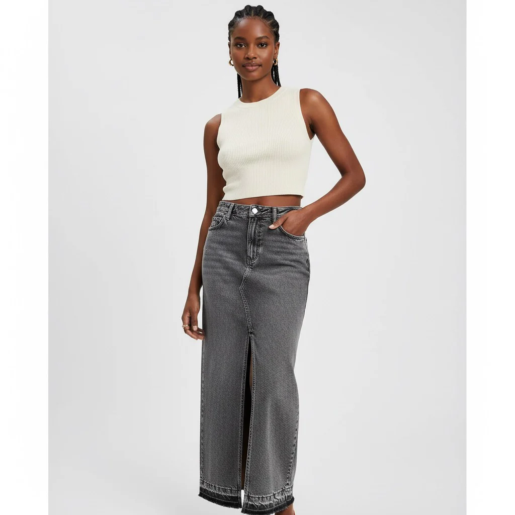 Retro Fringed Long Denim Skirt