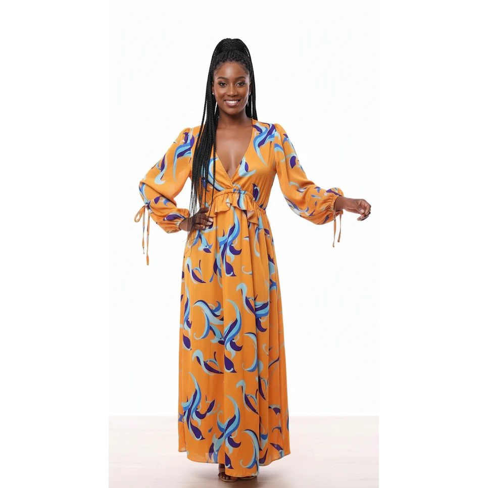 Retro Swirl Print Frill Midi Dress