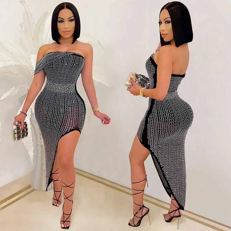 Rhinestone Diamond Asymmetrical Sexy Dress - Image 3