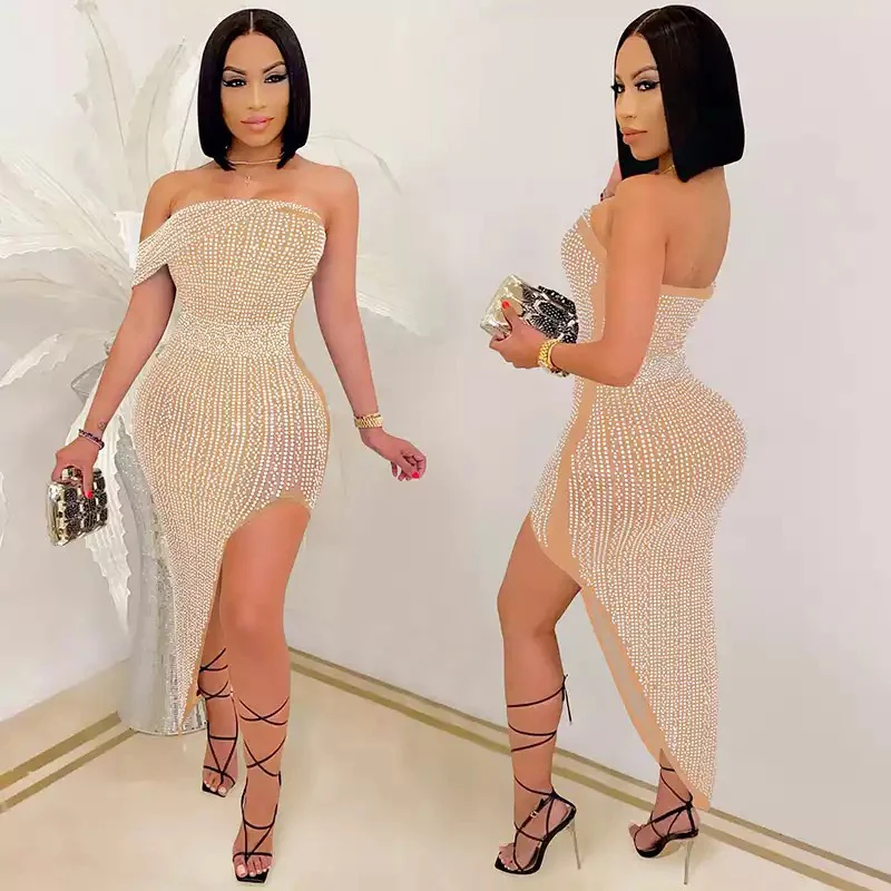 Rhinestone Diamond Asymmetrical Sexy Dress - Image 4